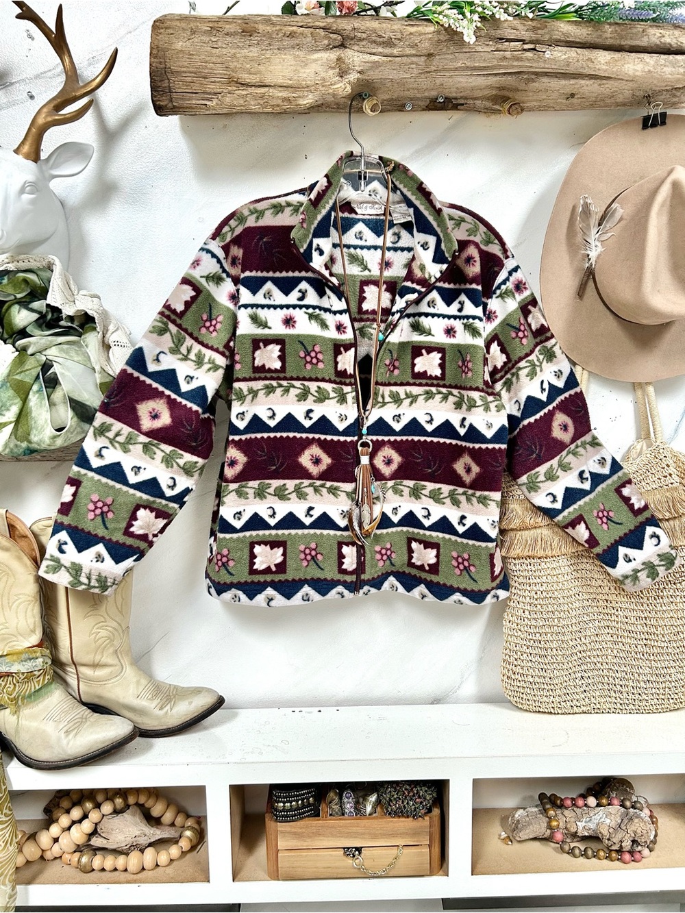 Cottagecore Aztec Pattern Fleece Jacket w country farmhouse prairie vibe